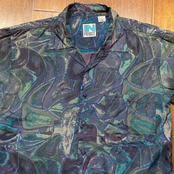 In Private Vintage 90s Abstract Multicolored Button Front Silk Shirt Men's Small - Picture 2 of 8